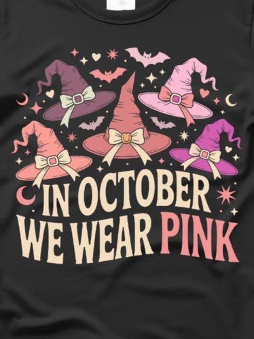 In October We Wear Pink Witch Hat Breast Cancer Awareness Halloween Shirt - Picture 2 of 4